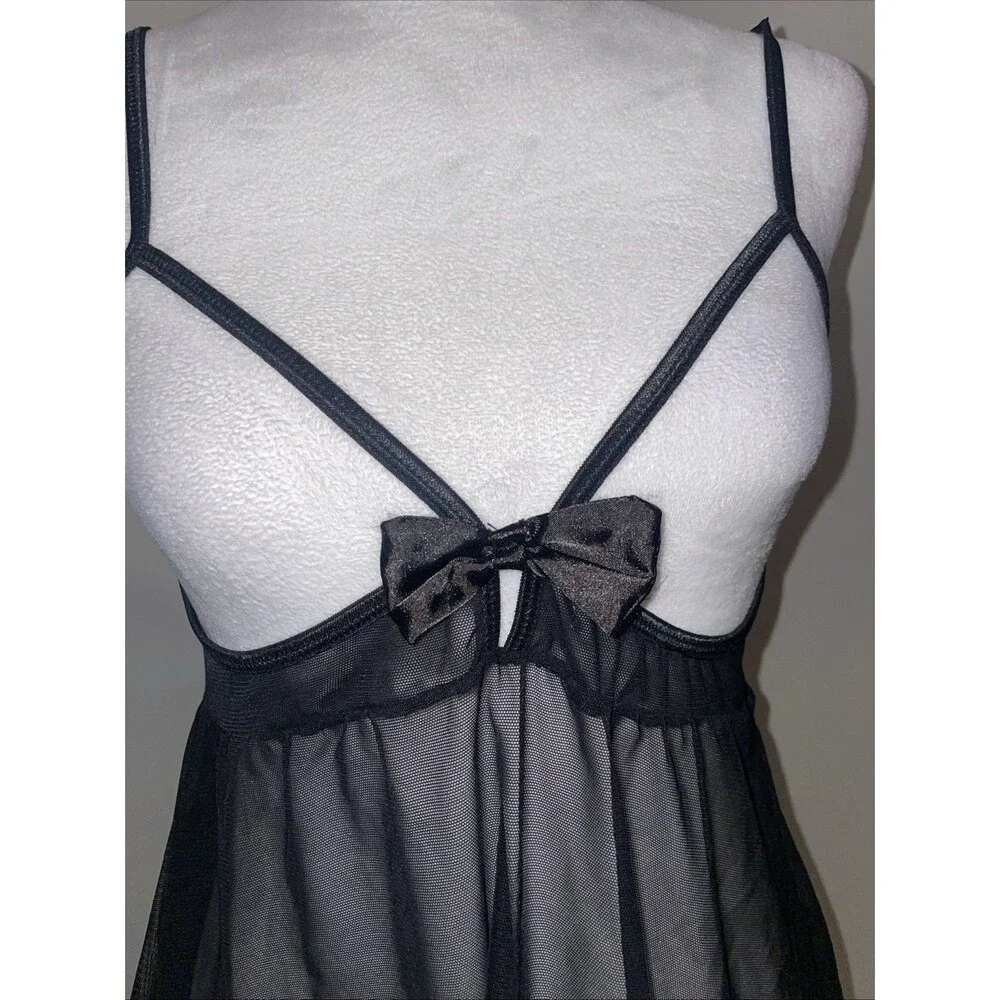 Rene Rofe Babydoll M/L Black Sheer Mesh Chemise Satin Ruffle Bow Lingerie